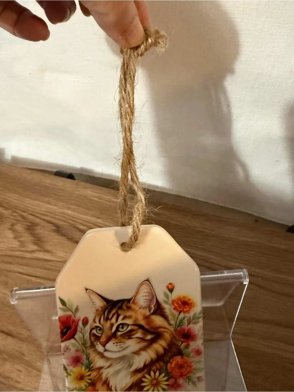 Decorative Cat Tile Hanging Plaque - Cream with Floral Artwork